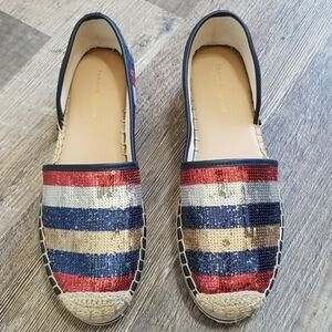 Tommy Hilfiger Red, White, Navy Striped Sequin Espadrilles